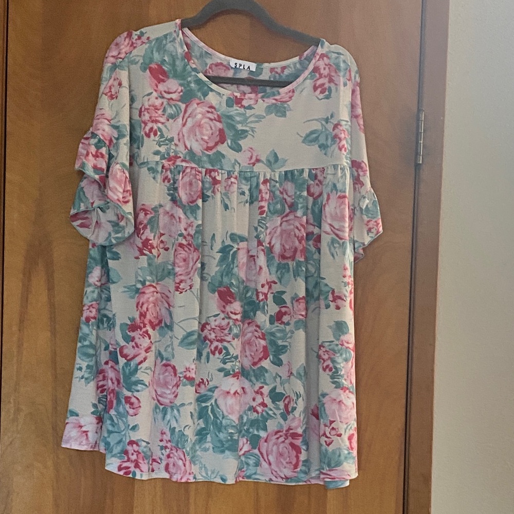 Pink Floral Short Ruffle-Sleeve Tunic